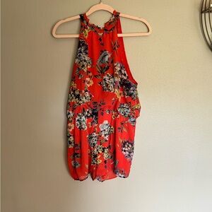 Red floral shorts romper